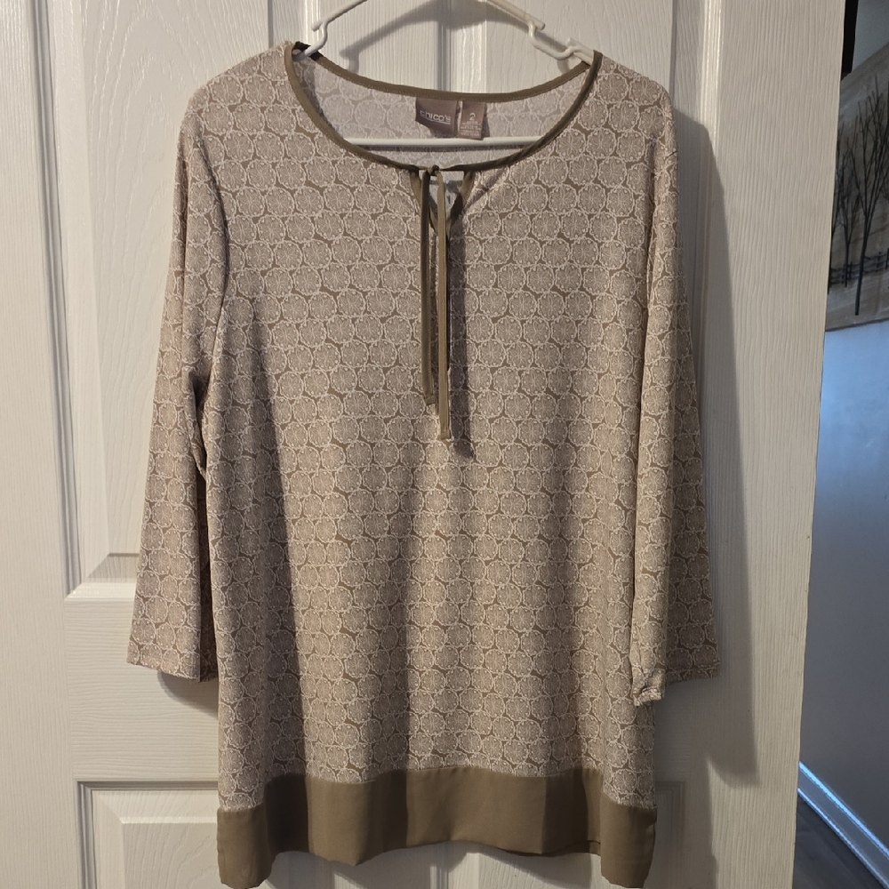 Chico's Beige Geometric Tie-Neck Tunic with Contrast Hem